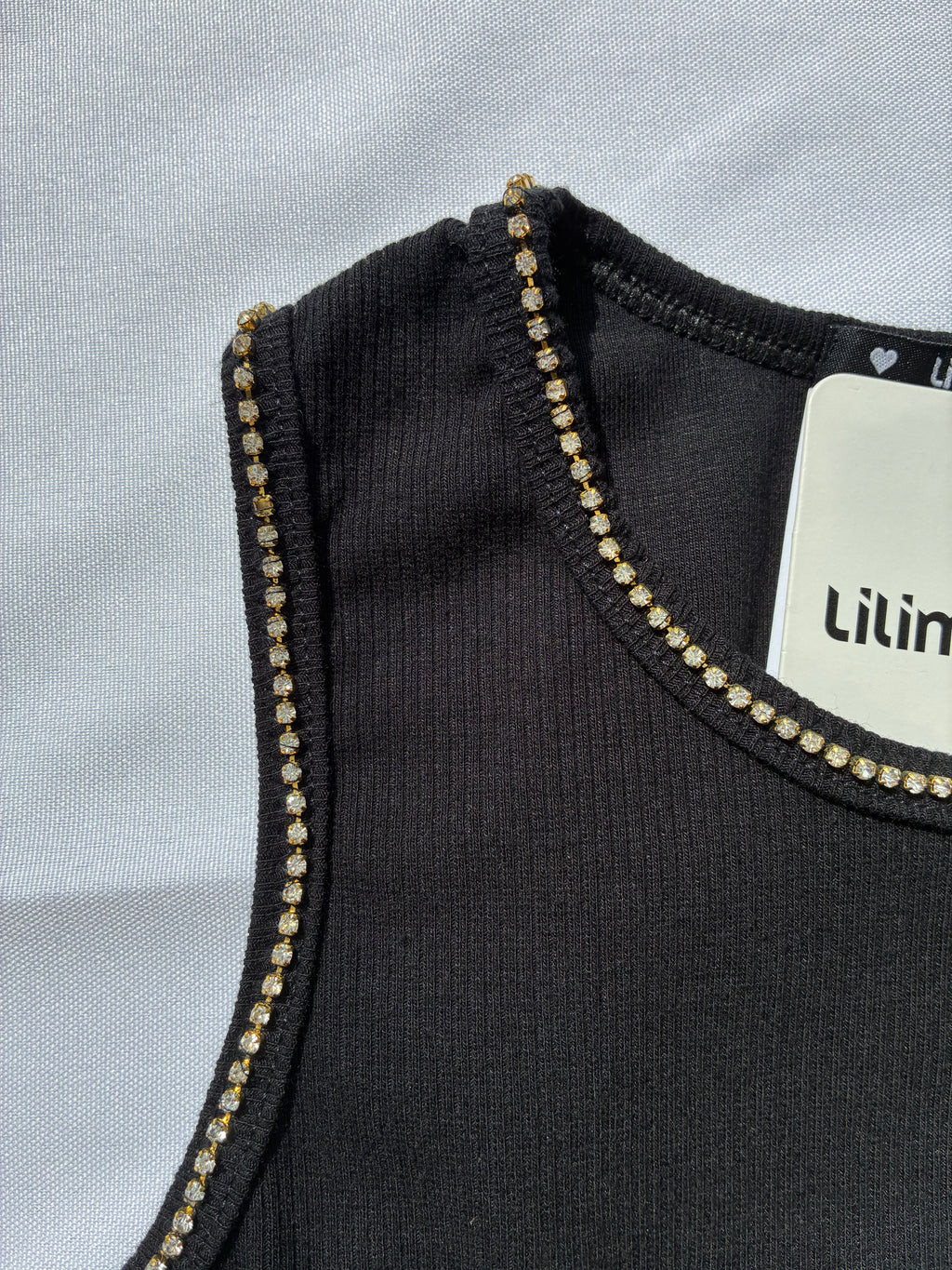 Camiseta Regata em Canelado Preta com Strass Lilimoon