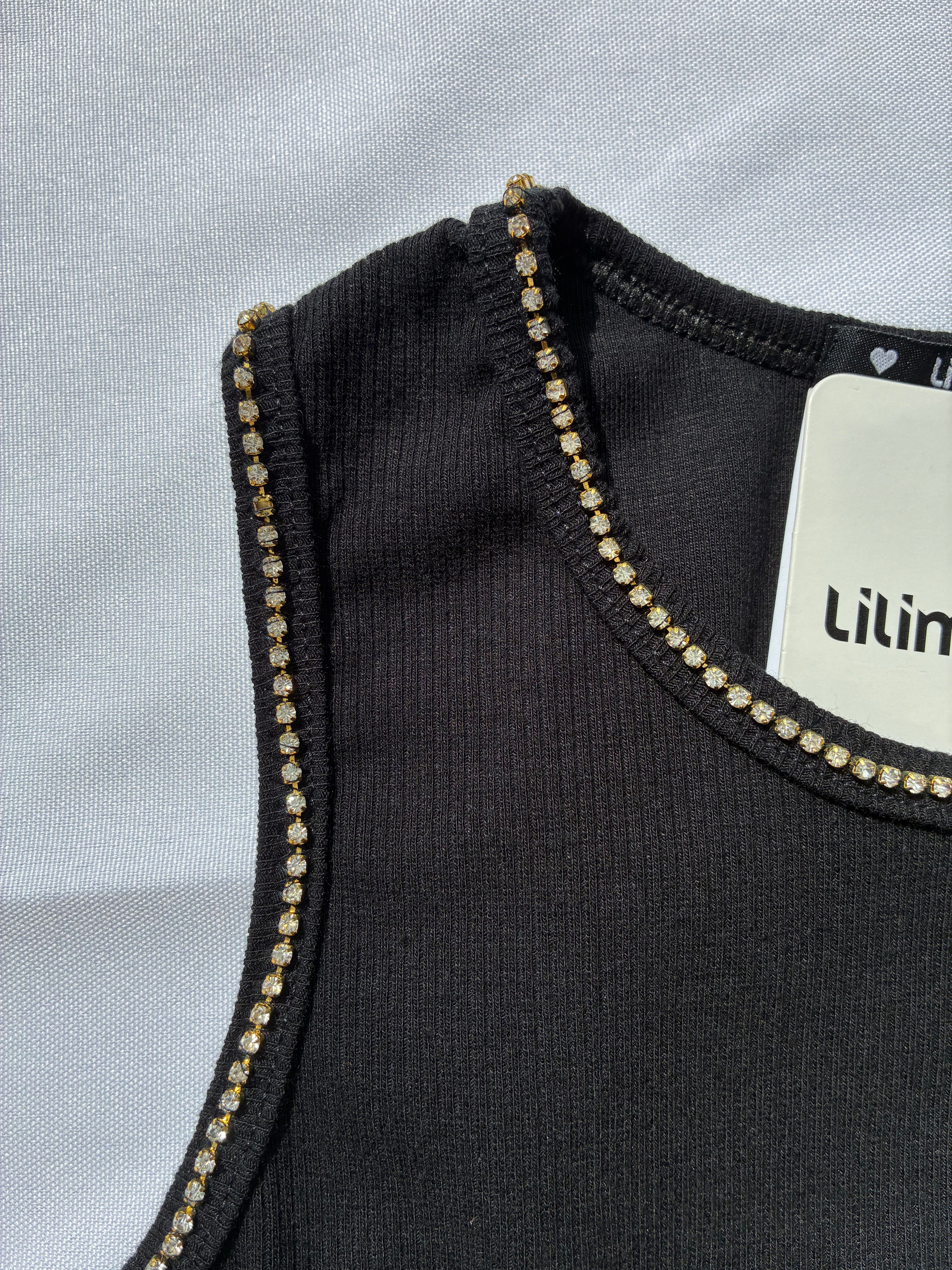Camiseta Regata em Canelado Preta com Strass Lilimoon
