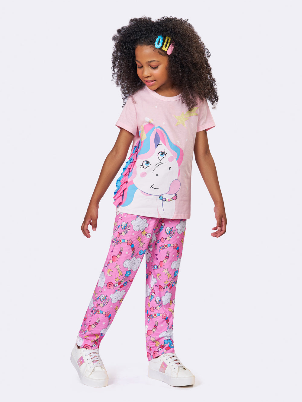 Pijama Manga Curta com Calça Infantil Unicórnio Rosa Veggi