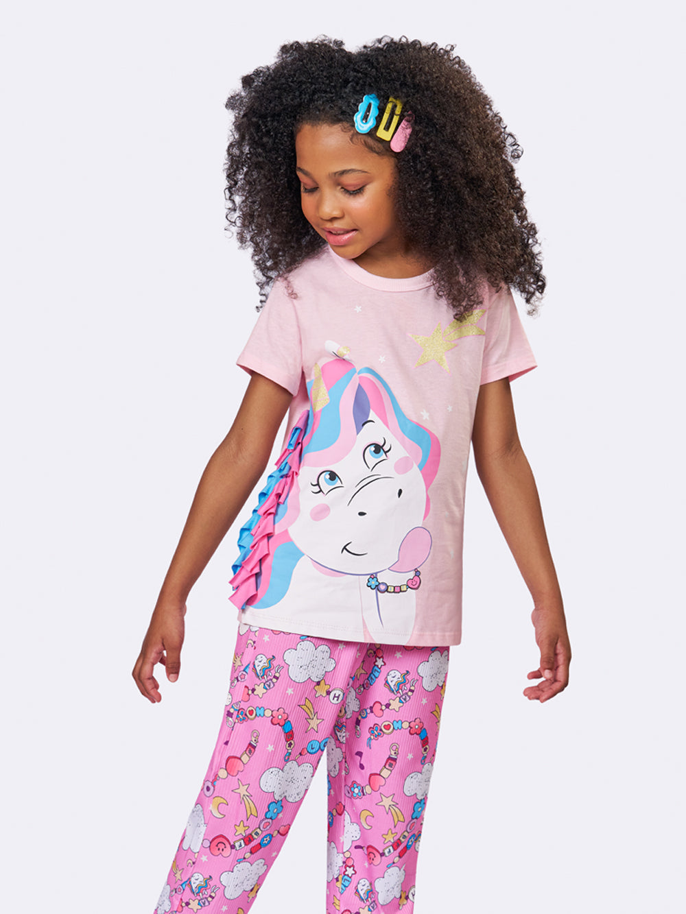 Pijama Manga Curta com Calça Infantil Unicórnio Rosa Veggi