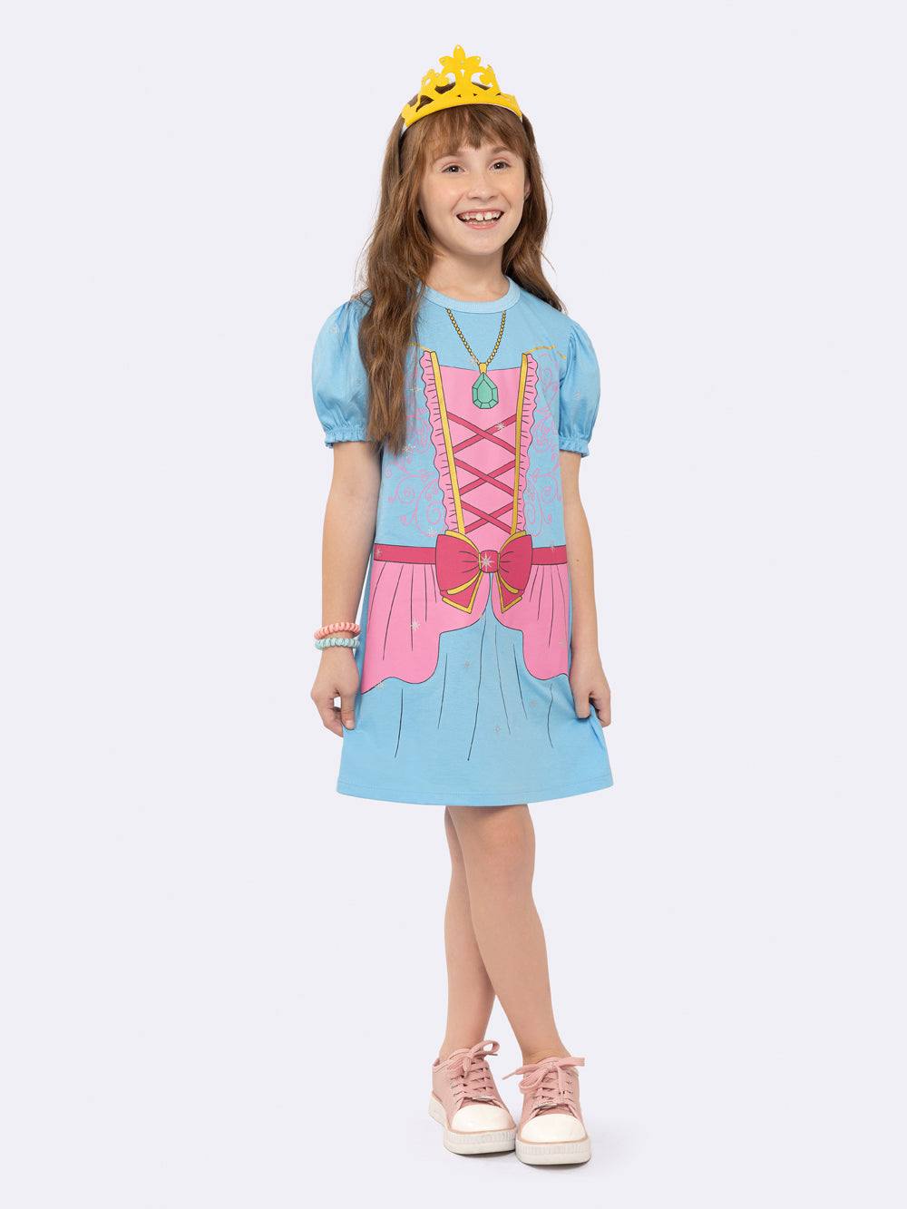Camisola Manga Curta Infantil Princesa com Estampa Metalizada e Tiara com Strass Veggi
