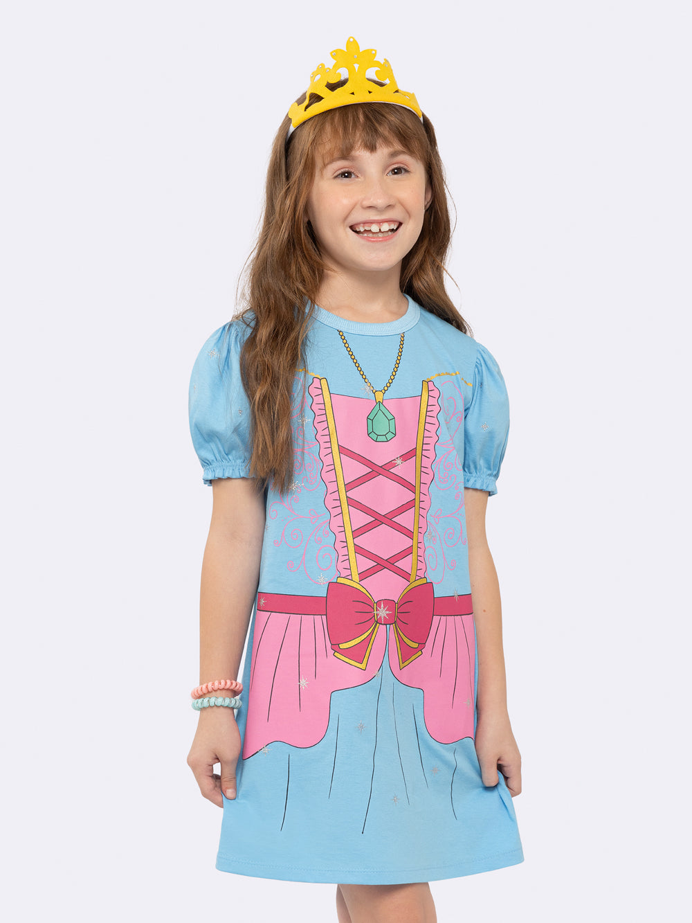 Camisola Manga Curta Infantil Princesa com Estampa Metalizada e Tiara com Strass Veggi