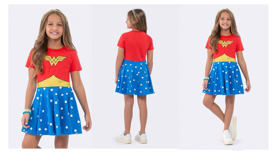 Camisola Manga Curta Infantil Mulher Maravilha Brilha no Escuro Veggi