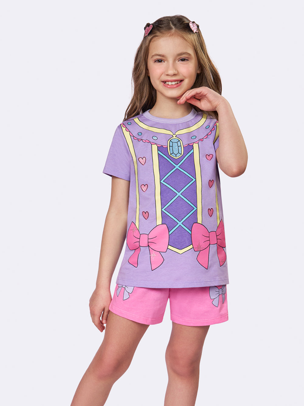 Pijama Manga Curta Infantil Princesa Laços com Glitter Veggi