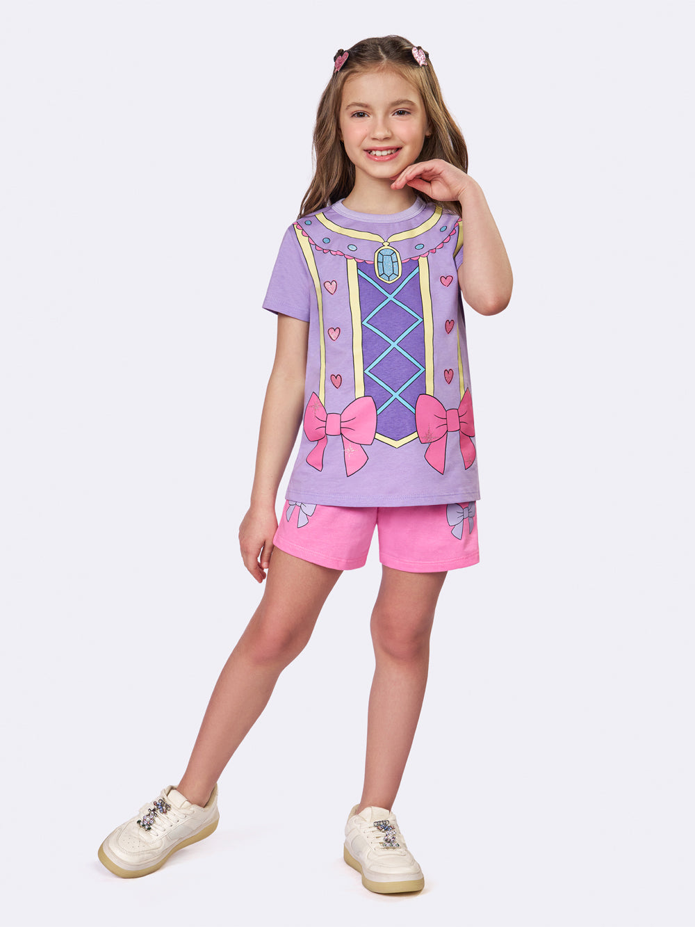 Pijama Manga Curta Infantil Princesa Laços com Glitter Veggi