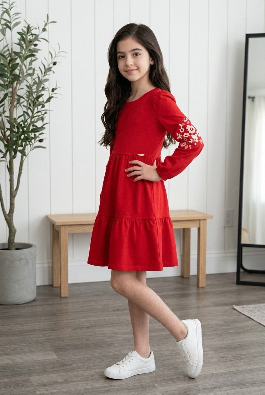 Vestido Manga Longa Três Marias Vermelho Kiko e Kika